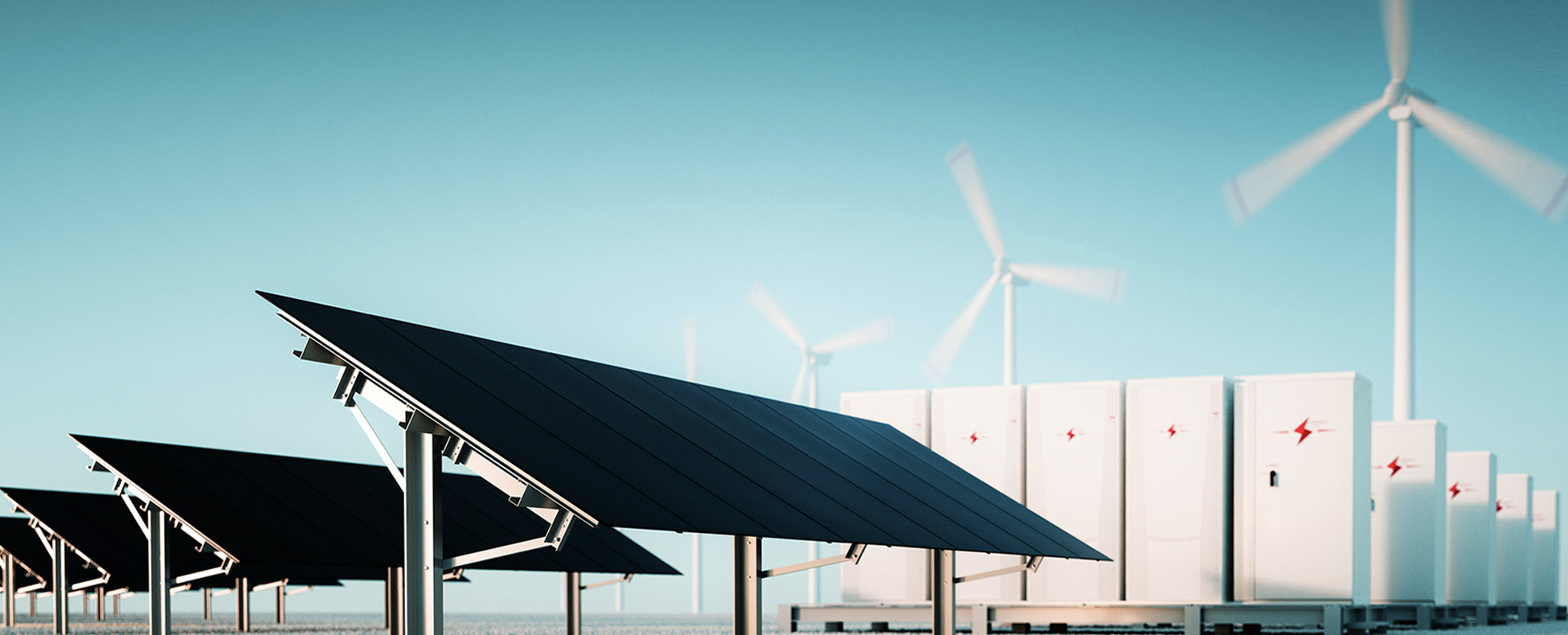 renewable energy components: solar panels, wind turbine and battery energy storage systems,