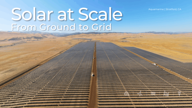 Aerial view of the Aquamarine solar project in Stratford, California, showing rows of utility-scale solar panels stretching across a desert landscape under clear skies. Text overlay reads: “Solar at Scale – From Ground to Grid.”