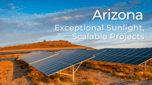 Solar panels in the Arizona desert at sunset, with the headline "Arizona: Exceptional Sunlight, Scalable Projects" overlaid in white text.