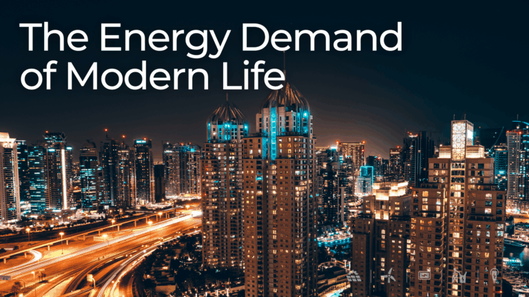 Nighttime city skyline with brightly lit high-rise buildings and highways, overlaid with the text “The Energy Demand of Modern Life.”
